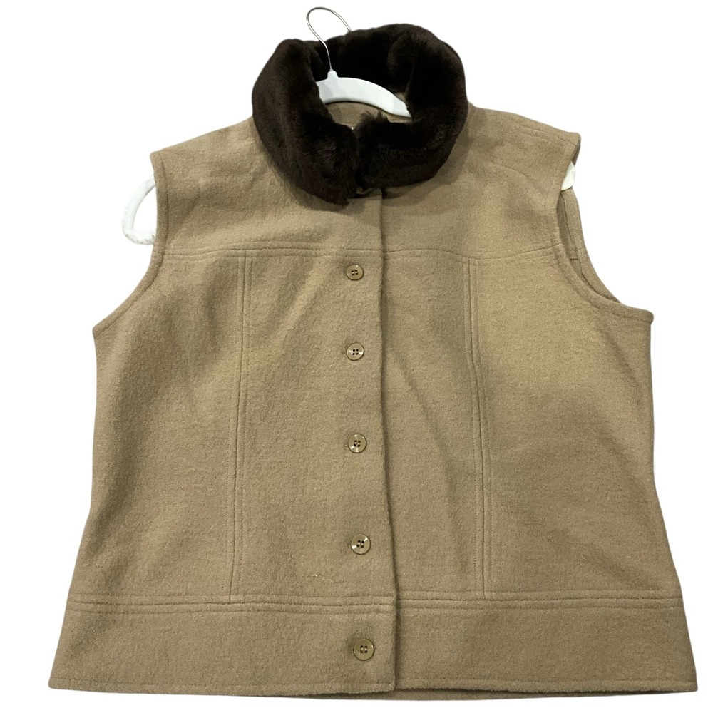 Talbots Petites Wool Vest Faux Fur Collar Button Front Sleeveless Lined Coat